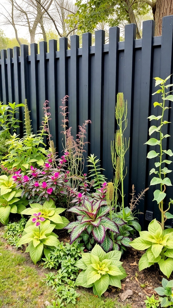 A garden with vibrant plants in front of a black fence, showcasing colorful flowers and lush greenery.