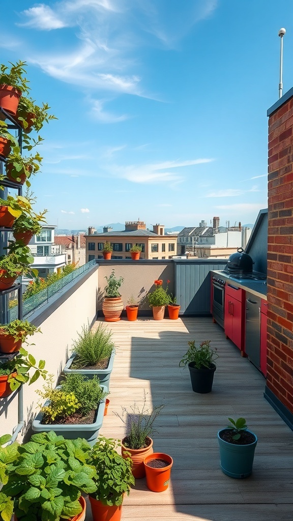 A rooftop deck featuring a variety of potted herbs and a modern outdoor kitchen setup.