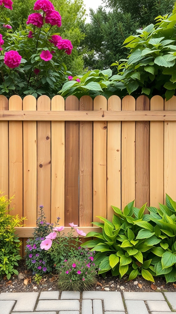A cedar wood panel fence surrounded by colorful flowers and lush greenery.