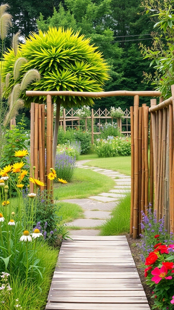 A rustic bamboo split rail fence surrounding a garden pathway with vibrant flowers.