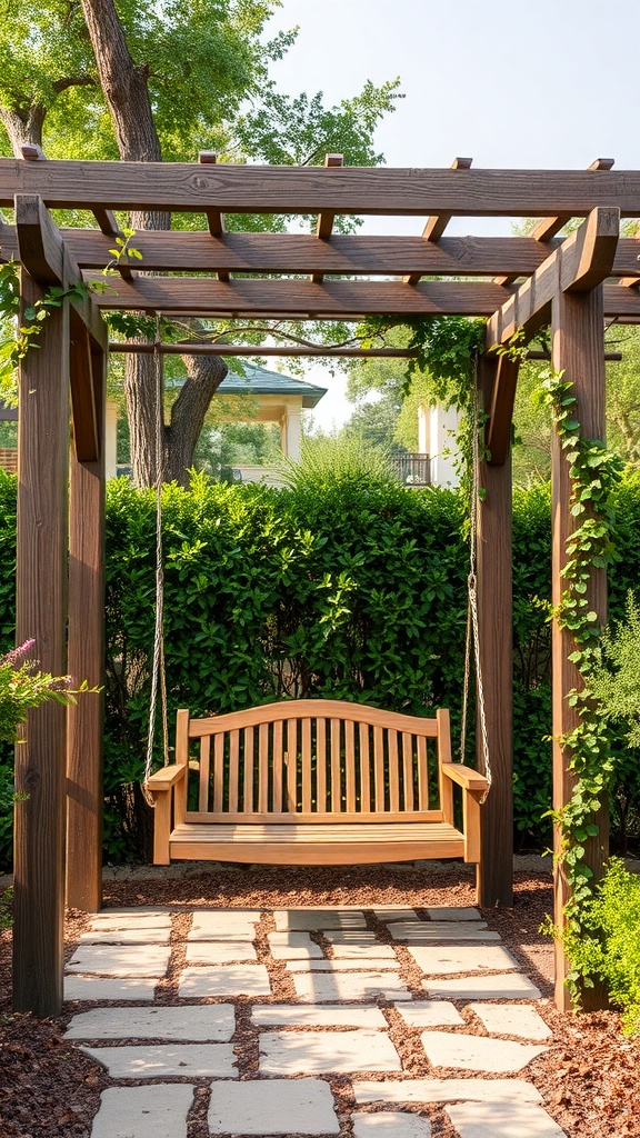 A wooden swing hanging from a pergola surrounded by greenery and stone pathway.