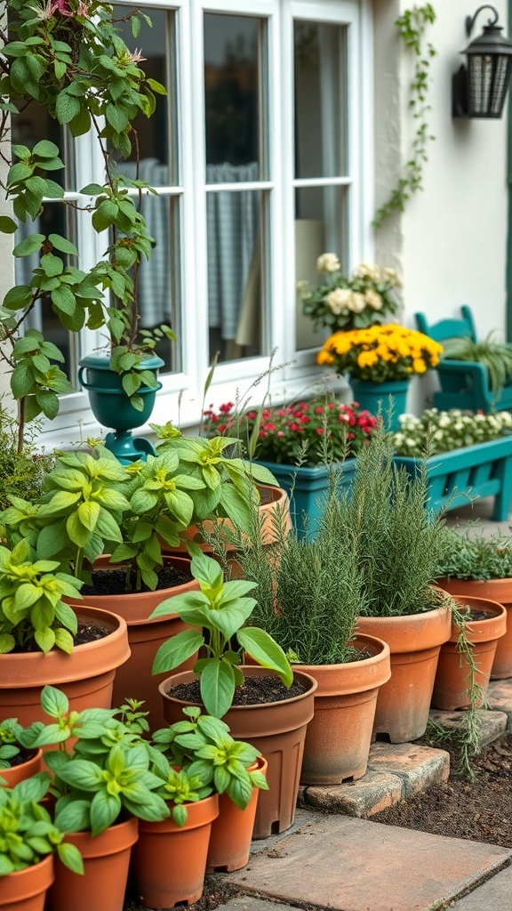 A charming herb garden with terracotta pots filled with basil, rosemary, and other herbs, enhancing a cottage front garden.