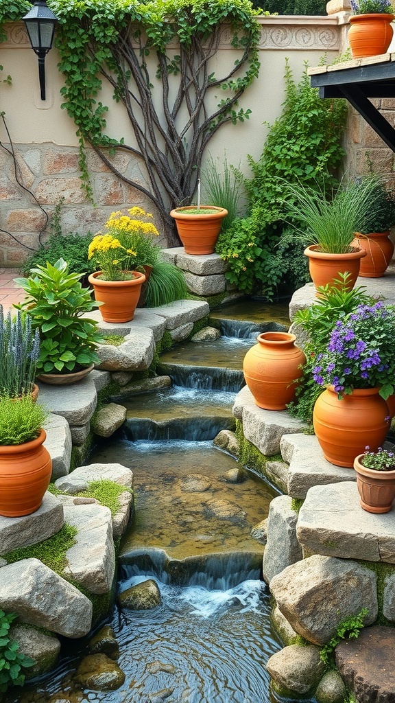 A Mediterranean garden featuring a stream with cascading water, surrounded by colorful potted plants and stone pathways.