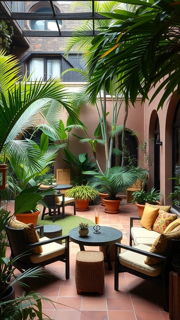 Cozy tropical courtyard garden with seating and lush plants