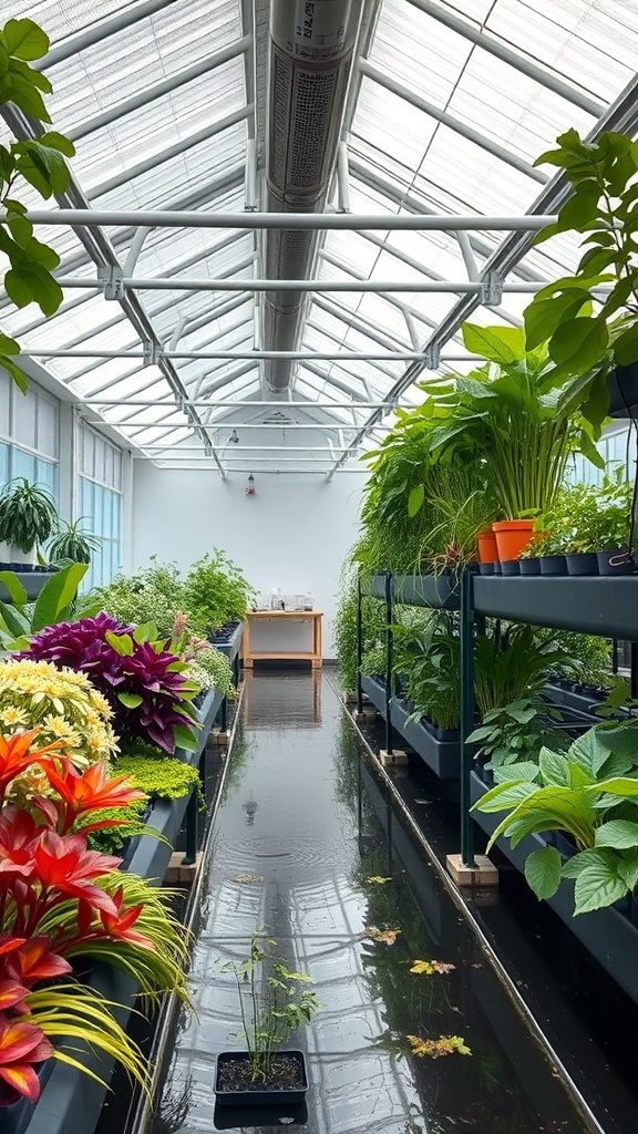 Interior of a hydroponic greenhouse with vibrant plants on shelves and a clear roof.
