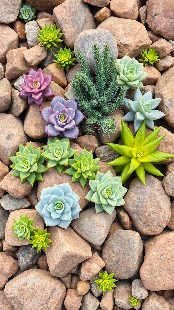 A colorful arrangement of succulents among smooth rocks in a rock bed.