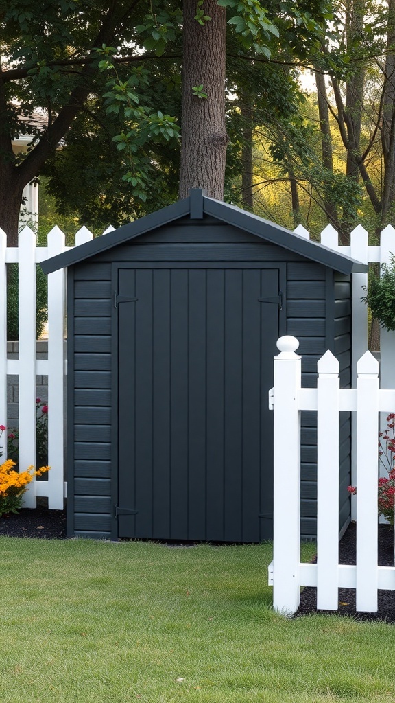 A black garden shed next to a white picket fence and surrounded by greenery