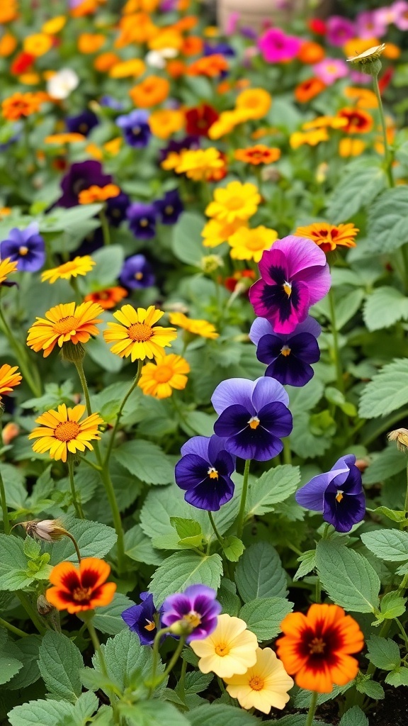 A colorful flower garden featuring a variety of edible flowers like pansies and marigolds.