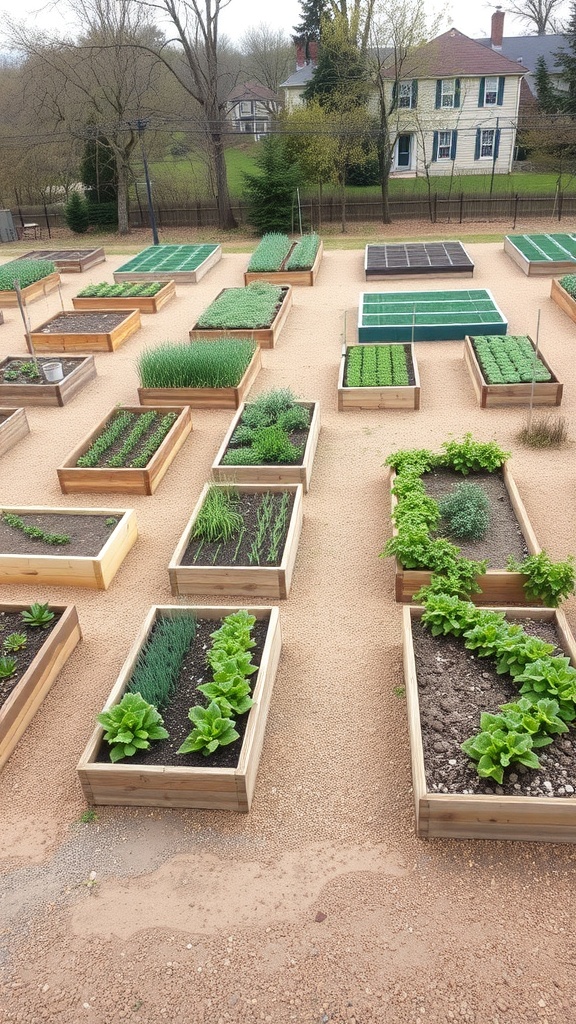 Aerial view of a garden with raised beds and pathways, featuring various plants and greens.