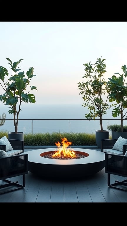 A modern circular fire pit surrounded by comfortable seating and greenery, overlooking a scenic view.