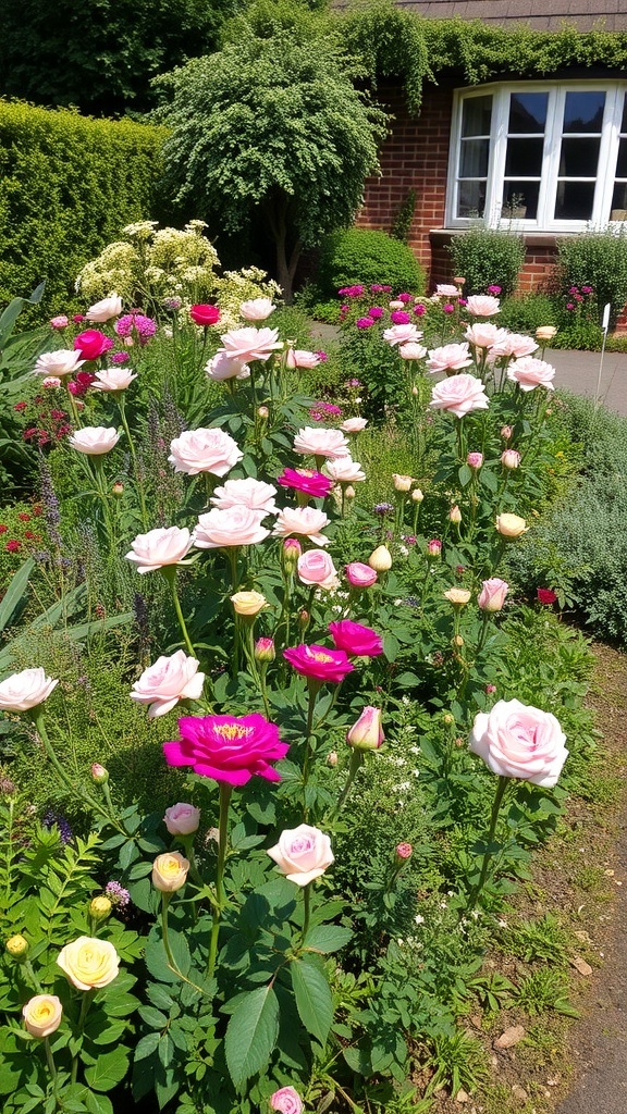 A vibrant rose garden with pink and red roses surrounded by lush greenery.