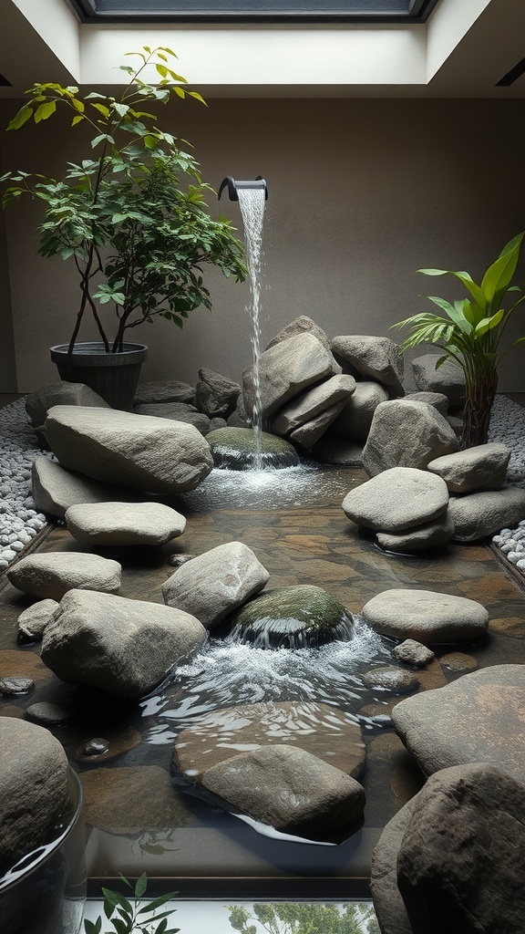 A serene indoor water garden featuring smooth stones, flowing water, and lush greenery.