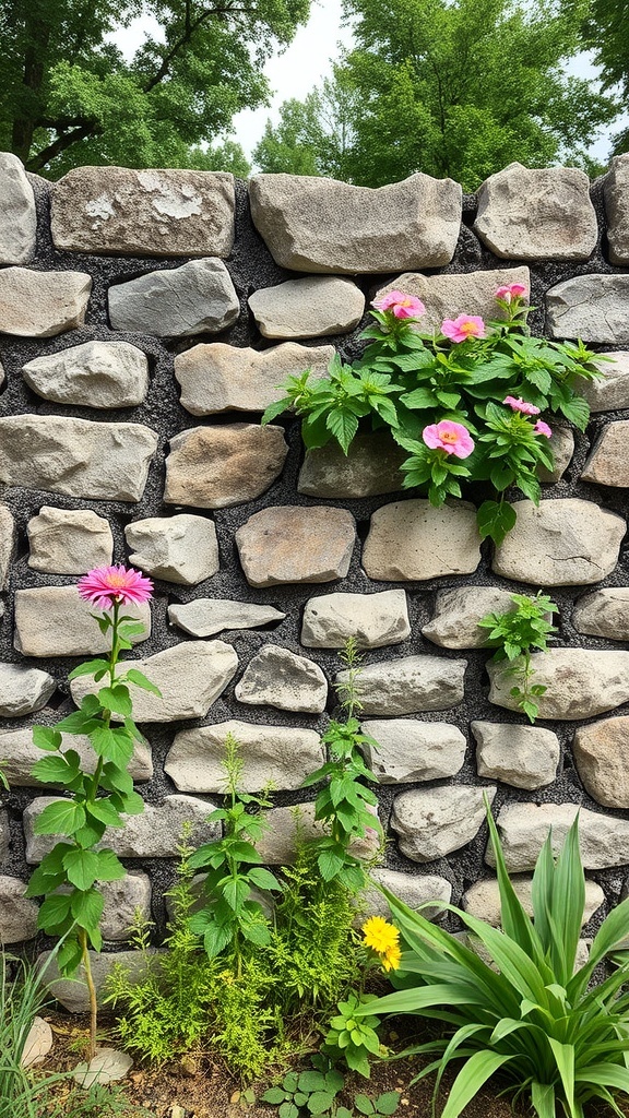 A rustic stone garden wall with colorful flowers growing at its base.