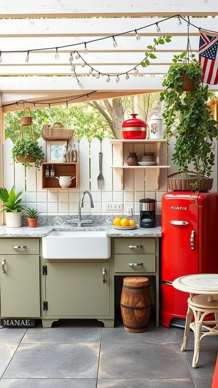 A vintage outdoor kitchen featuring a farm sink, green cabinets, a red fridge, and decorative plants.