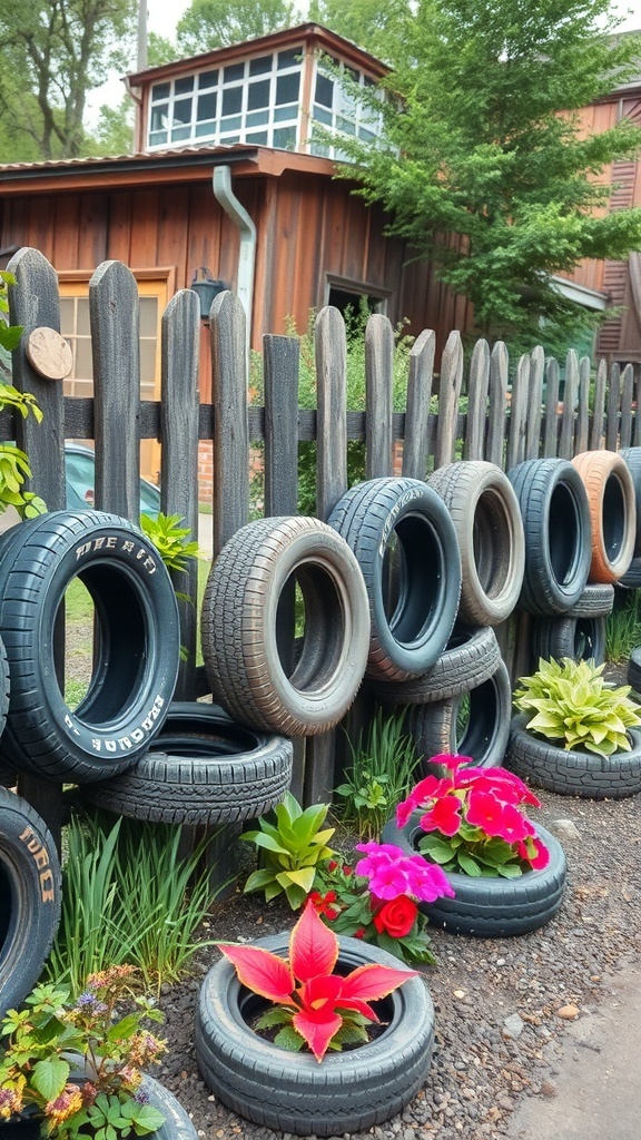 A rustic garden fence made of recycled tires with colorful flowers planted in them.