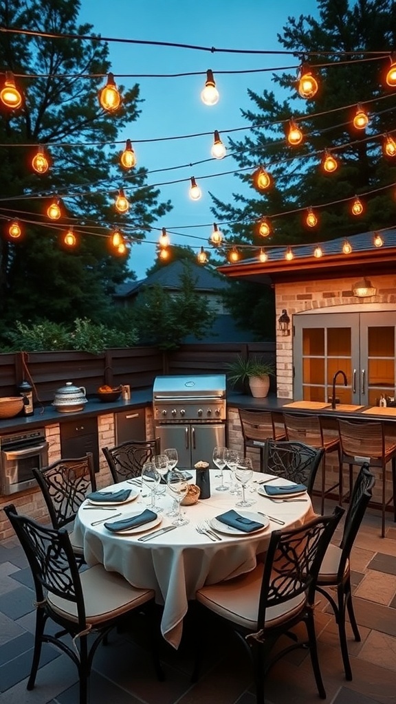 Outdoor dining area with a table set for dinner, surrounded by string lights and an outdoor kitchen.