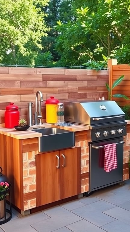 A BBQ island featuring a grill and a side sink, surrounded by lush greenery.
