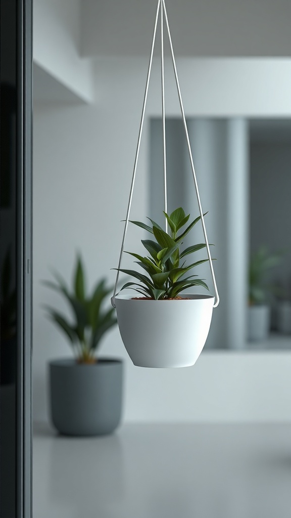 A modern minimalist hanging basket with a white pot and green plant, set against a neutral background.