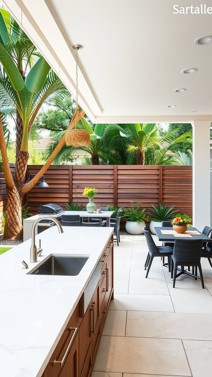 Modern outdoor kitchen featuring a built-in sink, stylish countertop, and lush greenery.