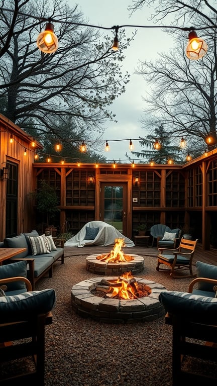 A rustic fire pit surrounded by hanging lights and cozy seating.