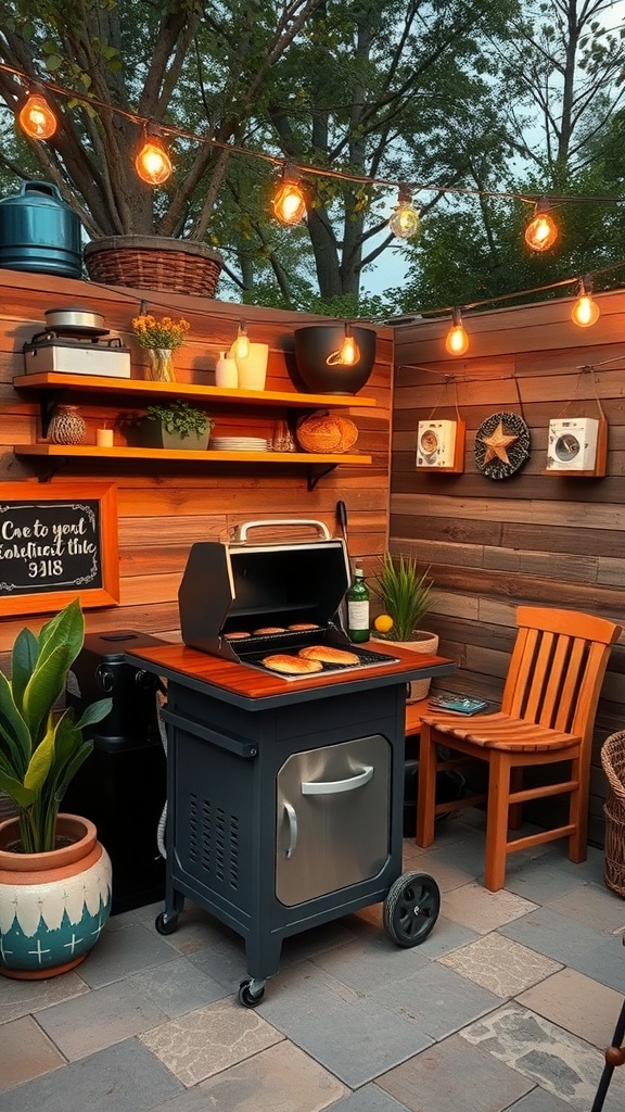 A cozy outdoor kitchen setup featuring a portable barbecue grill, wooden shelves, string lights, and potted plants.