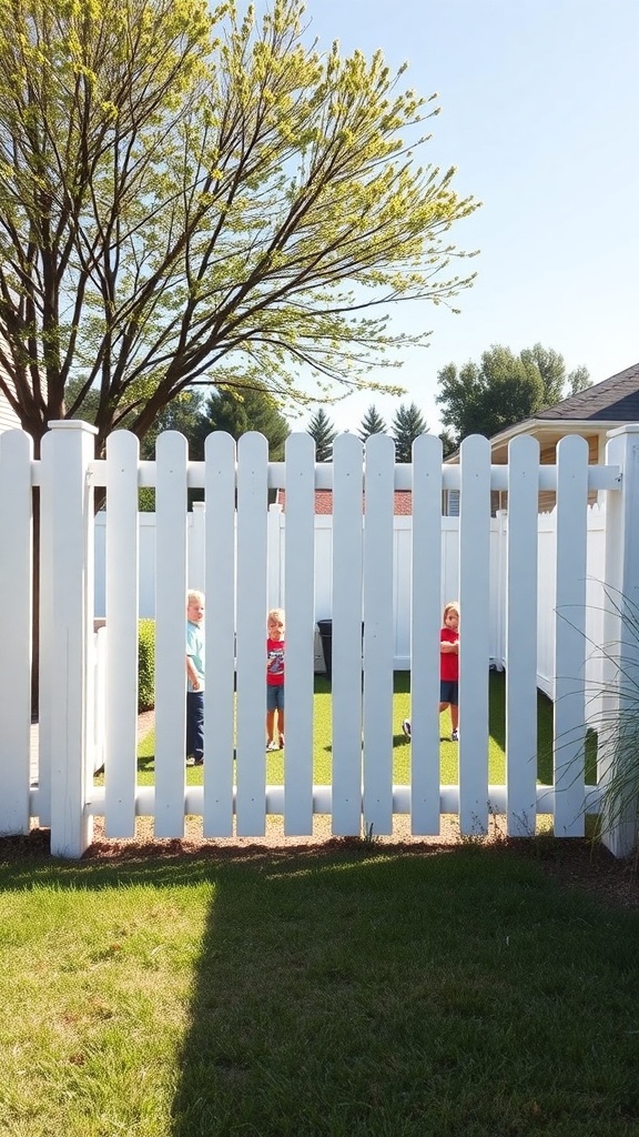 A white vinyl fence with vertical slats, enclosing a grassy area where children are playing.