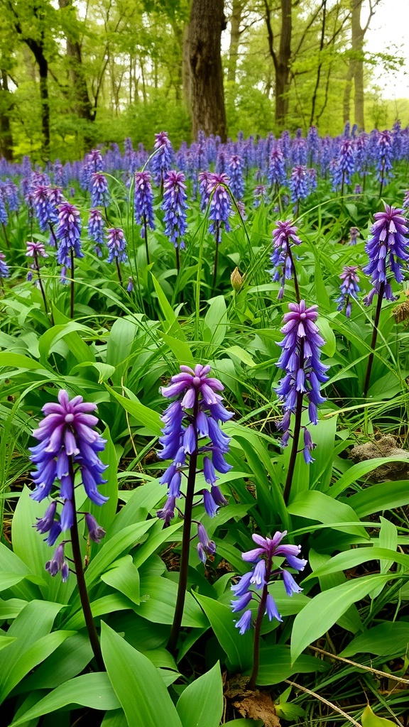 A field of common bluebells with purple flowers in a wooded area.