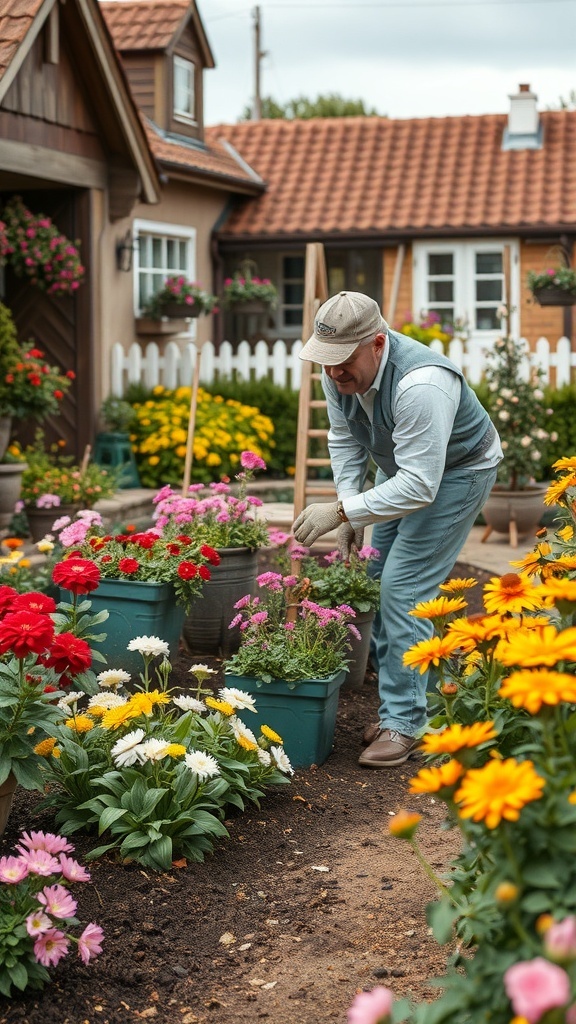 A gardener tending to colorful flowers in pots in a cottage garden setting.
