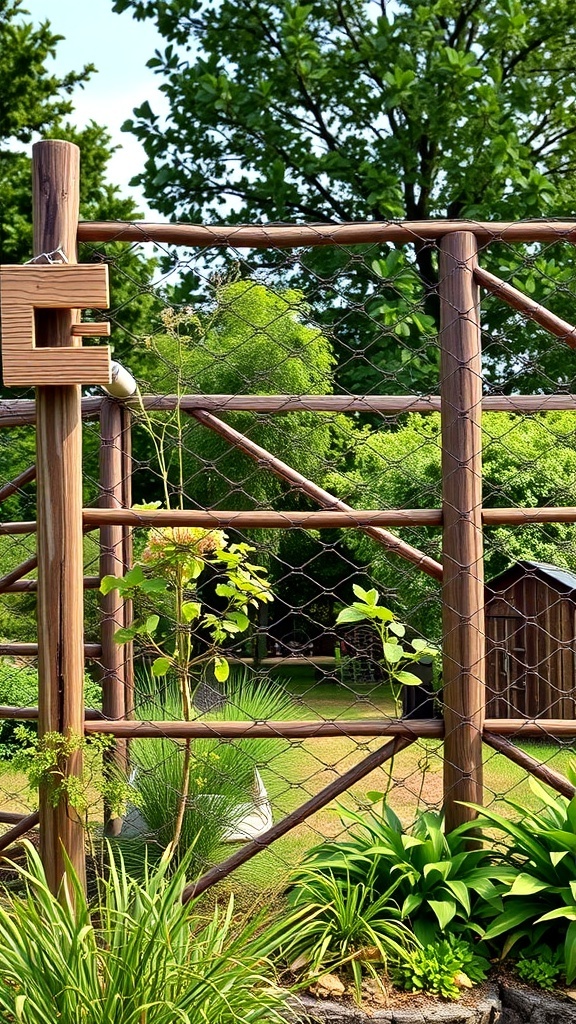 A rustic garden fence made of wooden posts and chain link, surrounded by greenery.