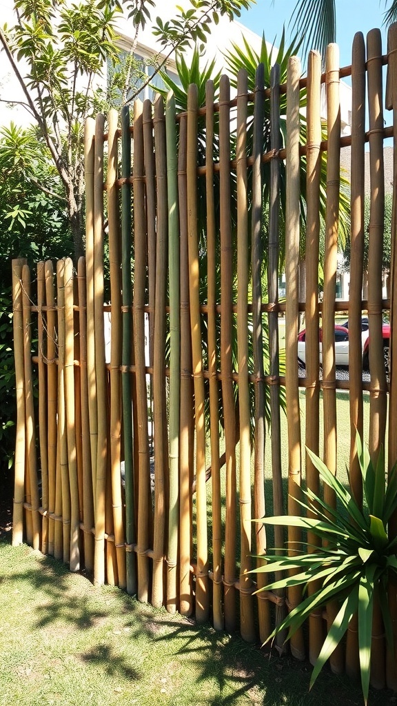 A bamboo fence with artful cutouts, surrounded by green plants.