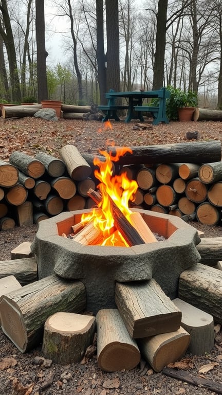 A wooden log fire pit surrounded by stacked logs and a warm fire, set in a natural outdoor environment.