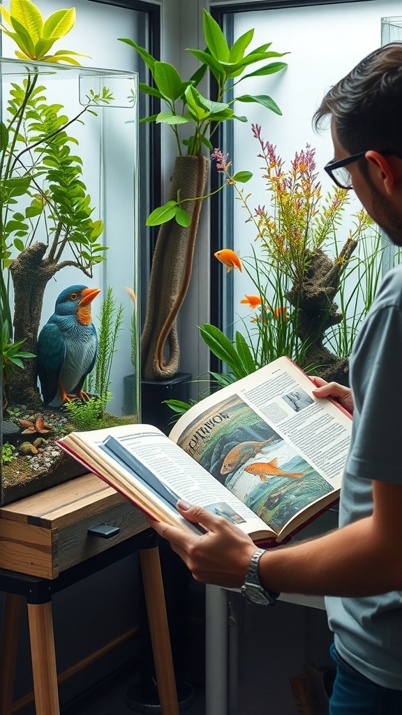 A person reading a book about aquatic ecosystems while observing an indoor water garden with plants and fish.