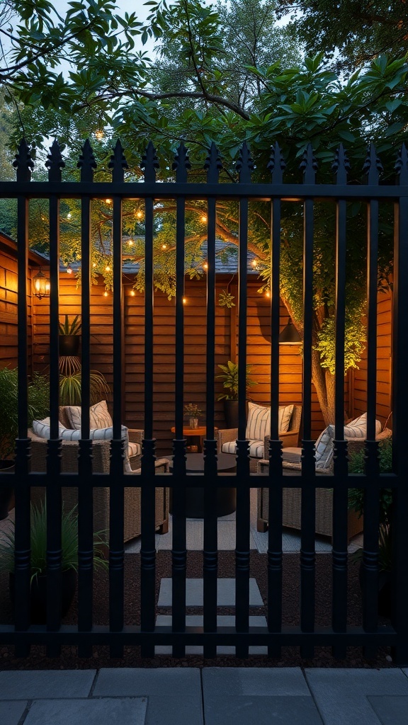 Cozy garden retreat behind a black fence with seating and string lights
