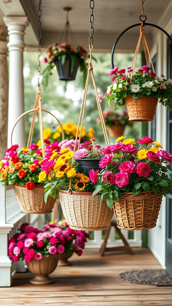 A collection of vintage-style hanging baskets filled with vibrant flowers on a porch.