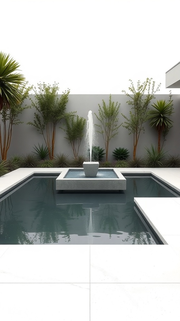 A modern minimalist pond featuring a sleek design with a central fountain surrounded by greenery.