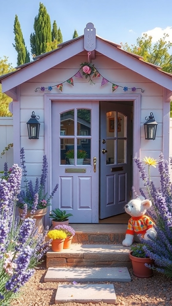 A charming lavender garden shed with decorative elements, surrounded by lavender plants and a teddy bear.