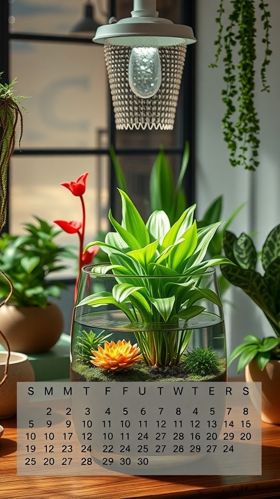 A vibrant indoor water garden featuring green plants and a flower, illuminated by a stylish light fixture, with a calendar below.