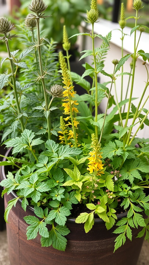 A container garden filled with various herbs and plants, showcasing vibrant green leaves and yellow flowers.