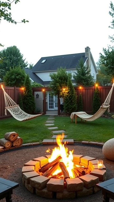 A cozy backyard featuring a fire pit surrounded by stones, with two hammocks hanging nearby, creating a warm and inviting atmosphere.