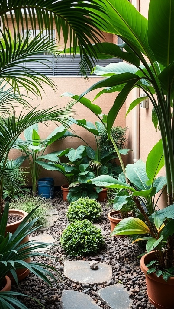 A tropical courtyard garden with lush plants, stone pathways, and potted greenery.