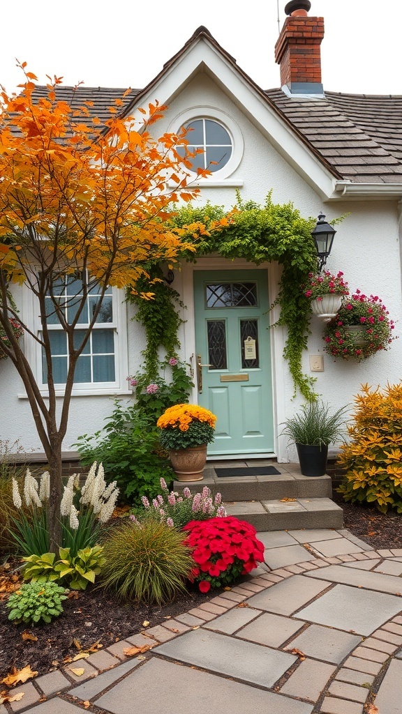 A charming cottage front garden with colorful flowers and autumn leaves.