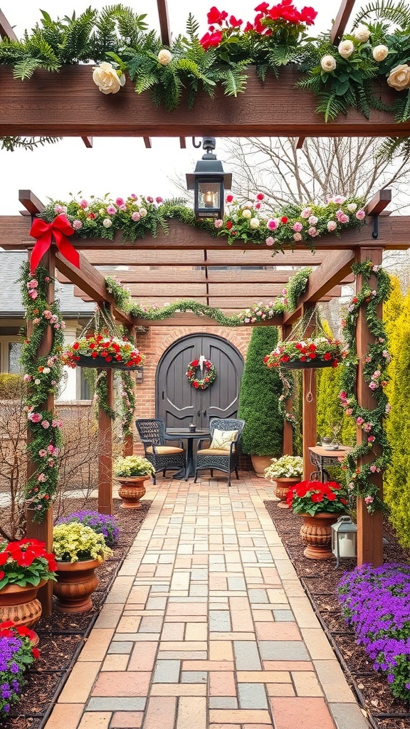 A beautifully decorated pergola with seasonal flowers and greenery, creating an inviting garden space.