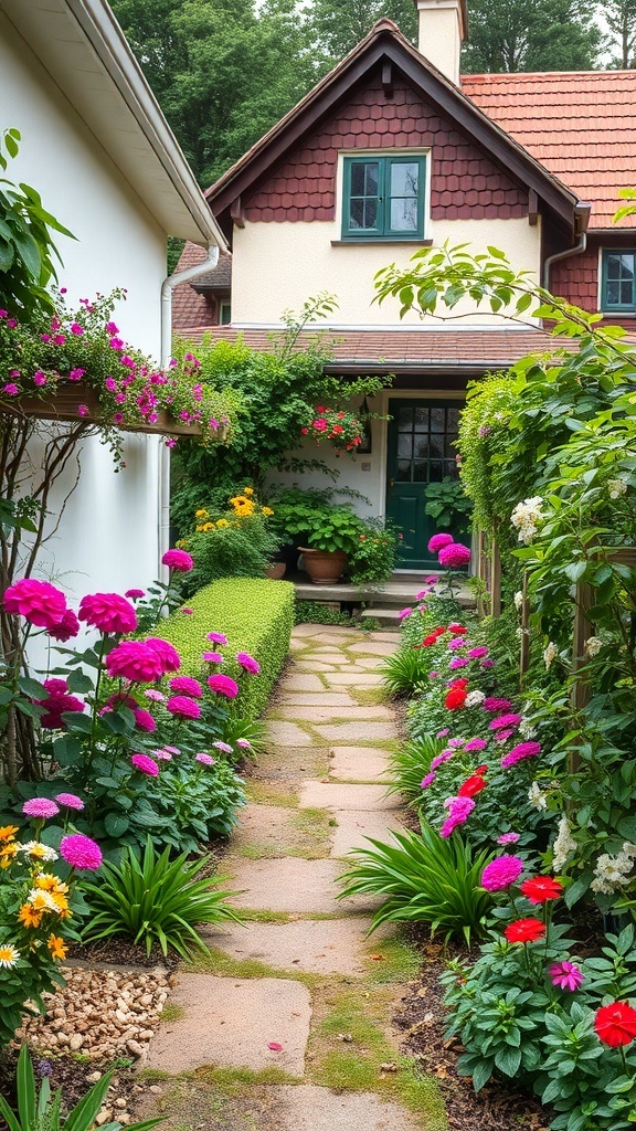 A charming cottage garden pathway lined with colorful flowers, including pink and yellow blooms, leading to a welcoming entrance.