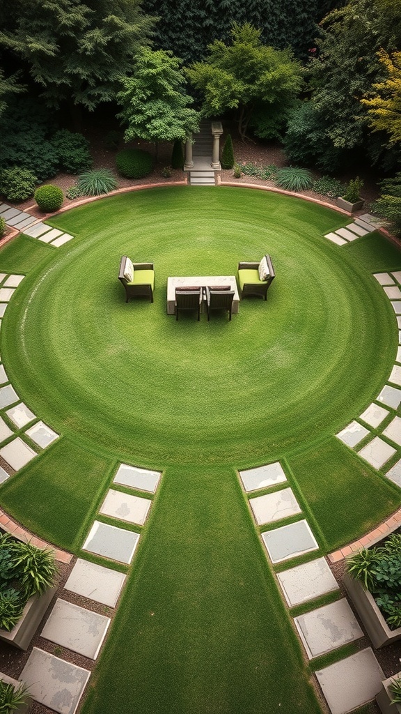 A circular meditation garden featuring stone pathways and serene statues.