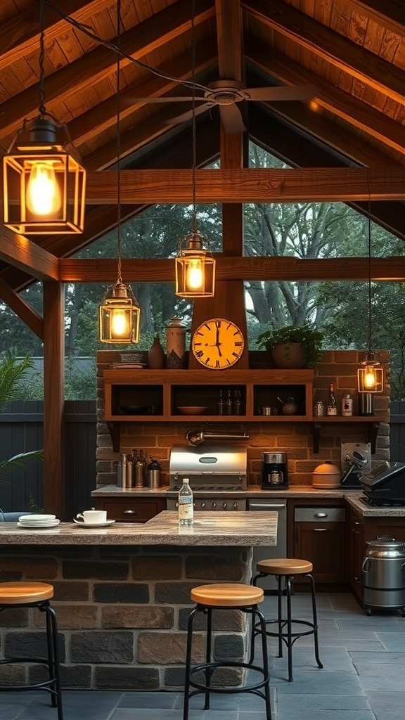 A rustic outdoor kitchen featuring vintage lighting fixtures, wooden beams, and a stone countertop.