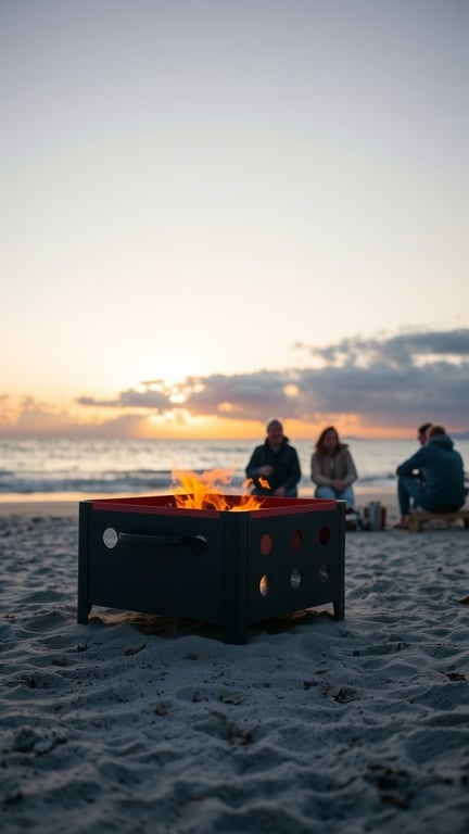 A portable fire pit on the beach with flames and people in the background