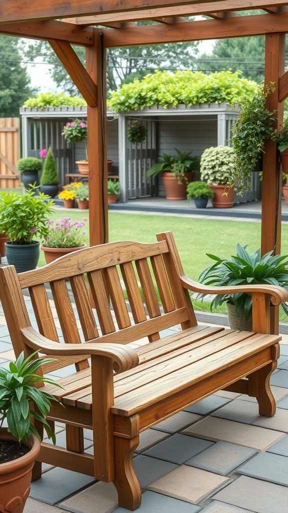 A rustic wooden bench on a patio surrounded by potted plants and greenery.