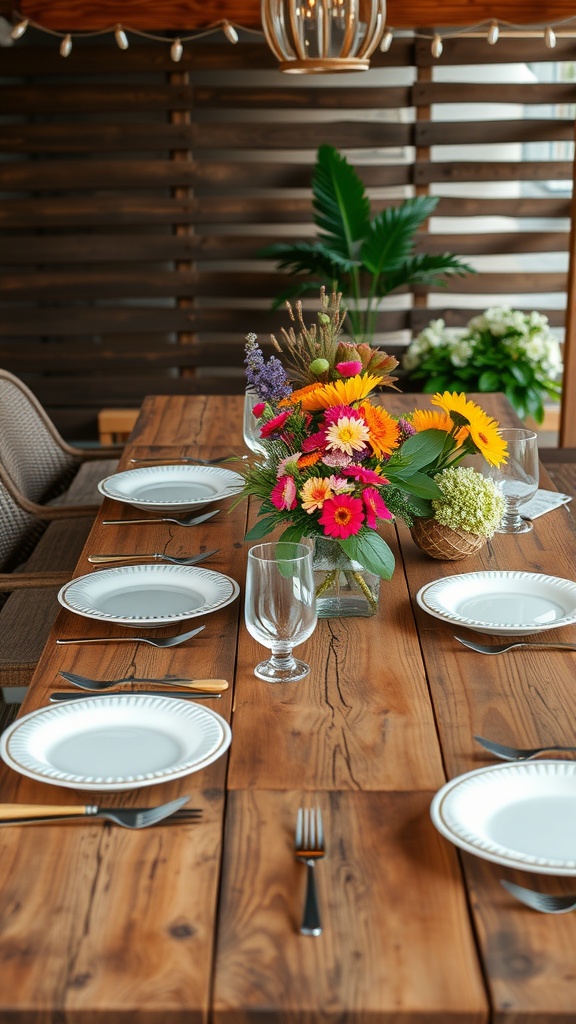 A rustic wooden dining table set for a meal, adorned with flowers and tableware.