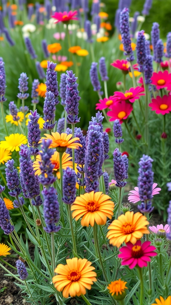 A vibrant garden featuring lavender flowers alongside bright yellow and pink blooms.