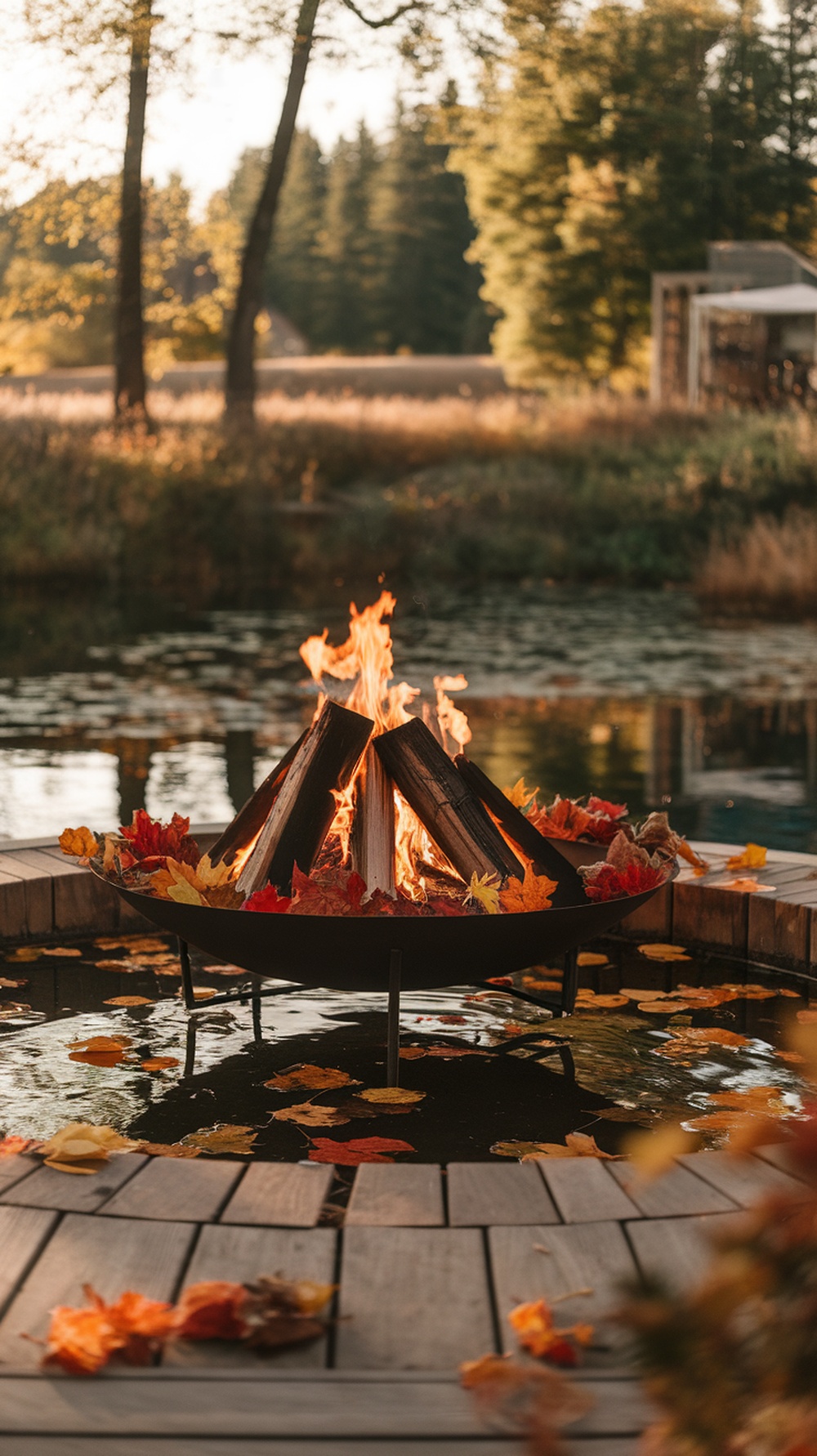 A modern fire pit surrounded by autumn leaves and a serene outdoor setting.